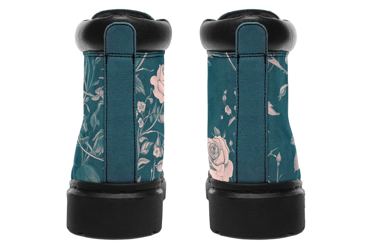 Teal Rose Romance Classic Boots - High Quality Micro-Suede Weatherproof Vegan Shoes with Stitched on Soles