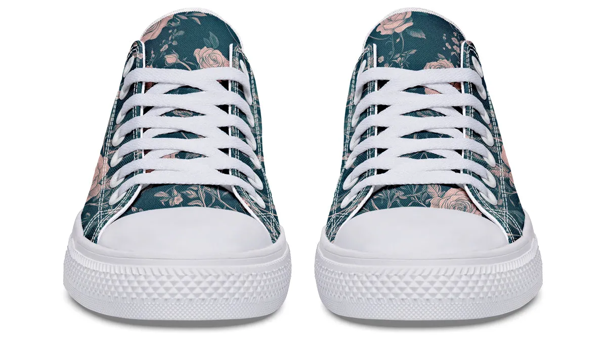 Teal Rose Romance Low Tops - Classic Premium Canvas Shoes with Comfortable and Durable Soles