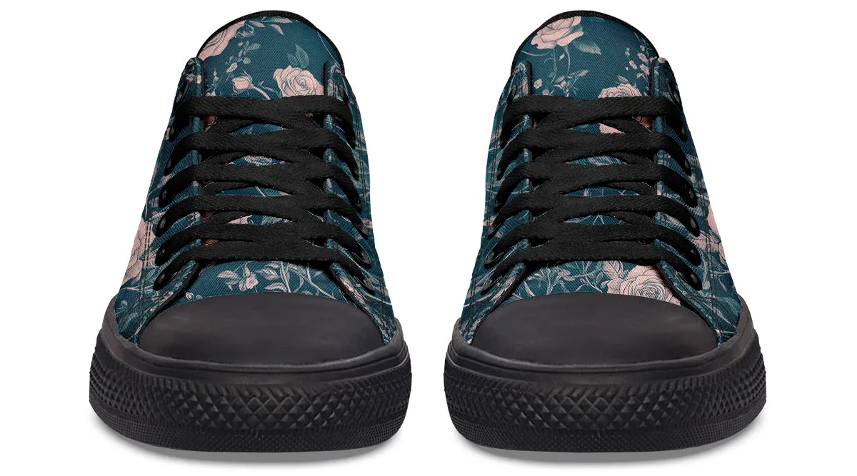 Teal Rose Romance Low Tops - Classic Premium Canvas Shoes with Comfortable and Durable Soles