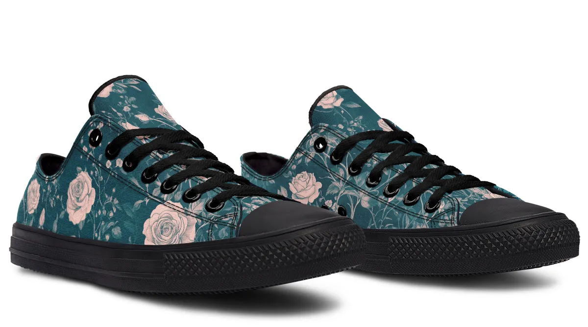 Teal Rose Romance Low Tops - Classic Premium Canvas Shoes with Comfortable and Durable Soles