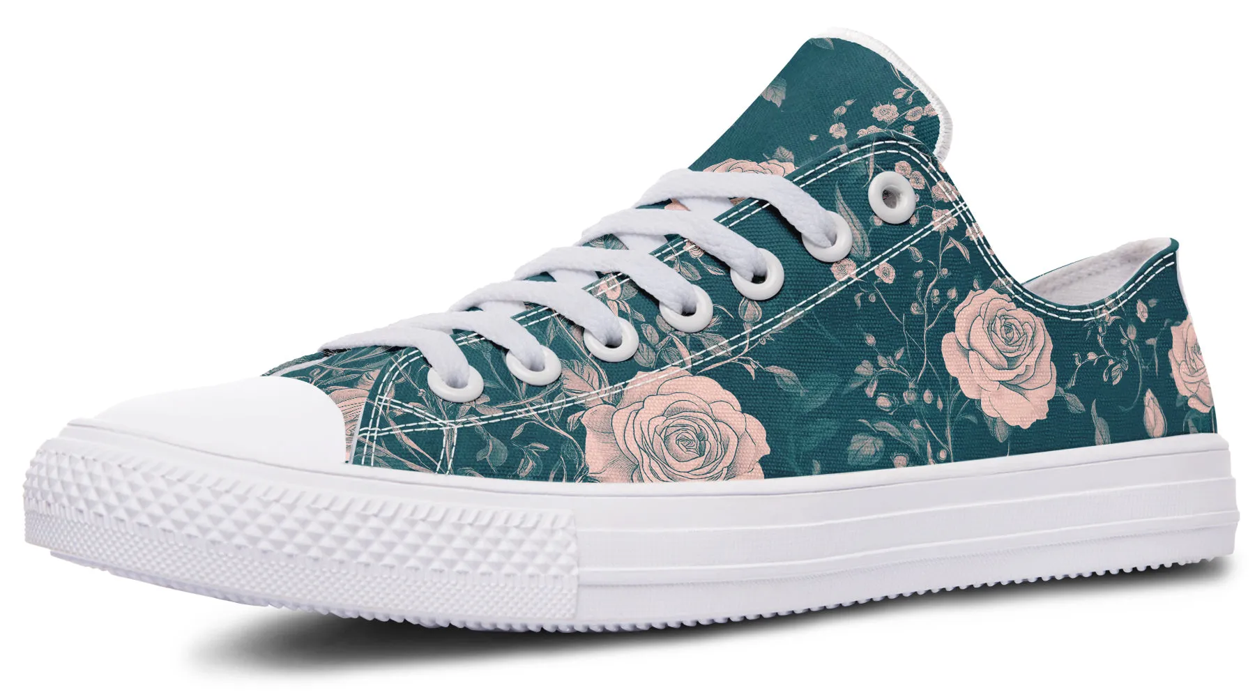 Teal Rose Romance Low Tops - Classic Premium Canvas Shoes with Comfortable and Durable Soles