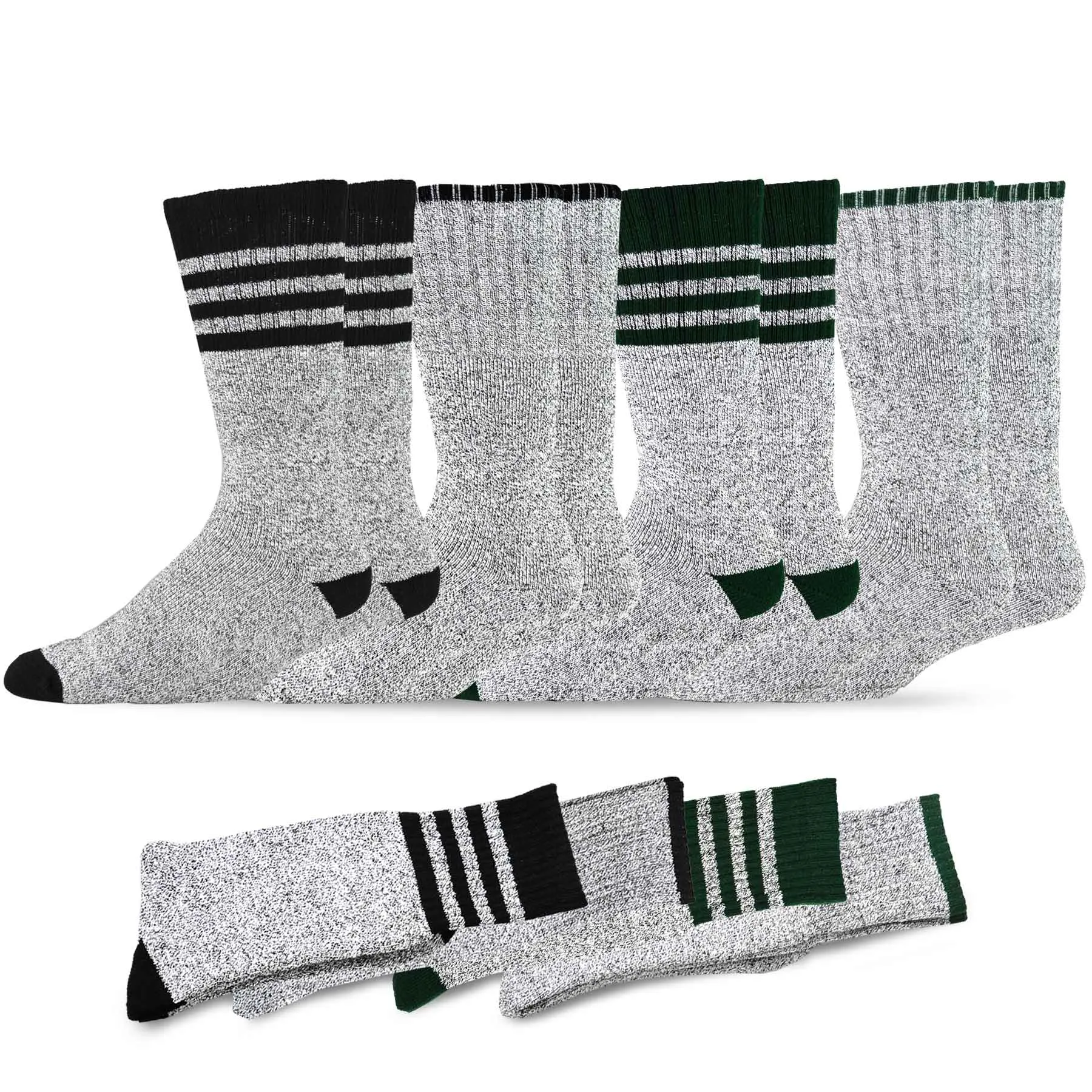 TeeHee Socks Men's Thermal Cotton Crew Black/Green Stripe 2-Pack (50765)