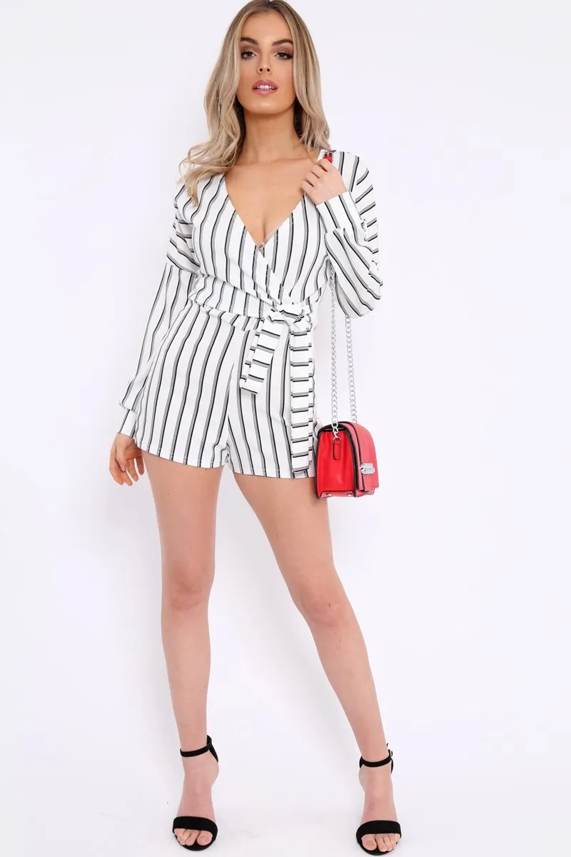 White And Black Stripe Wrap Over Playsuit - Havannah