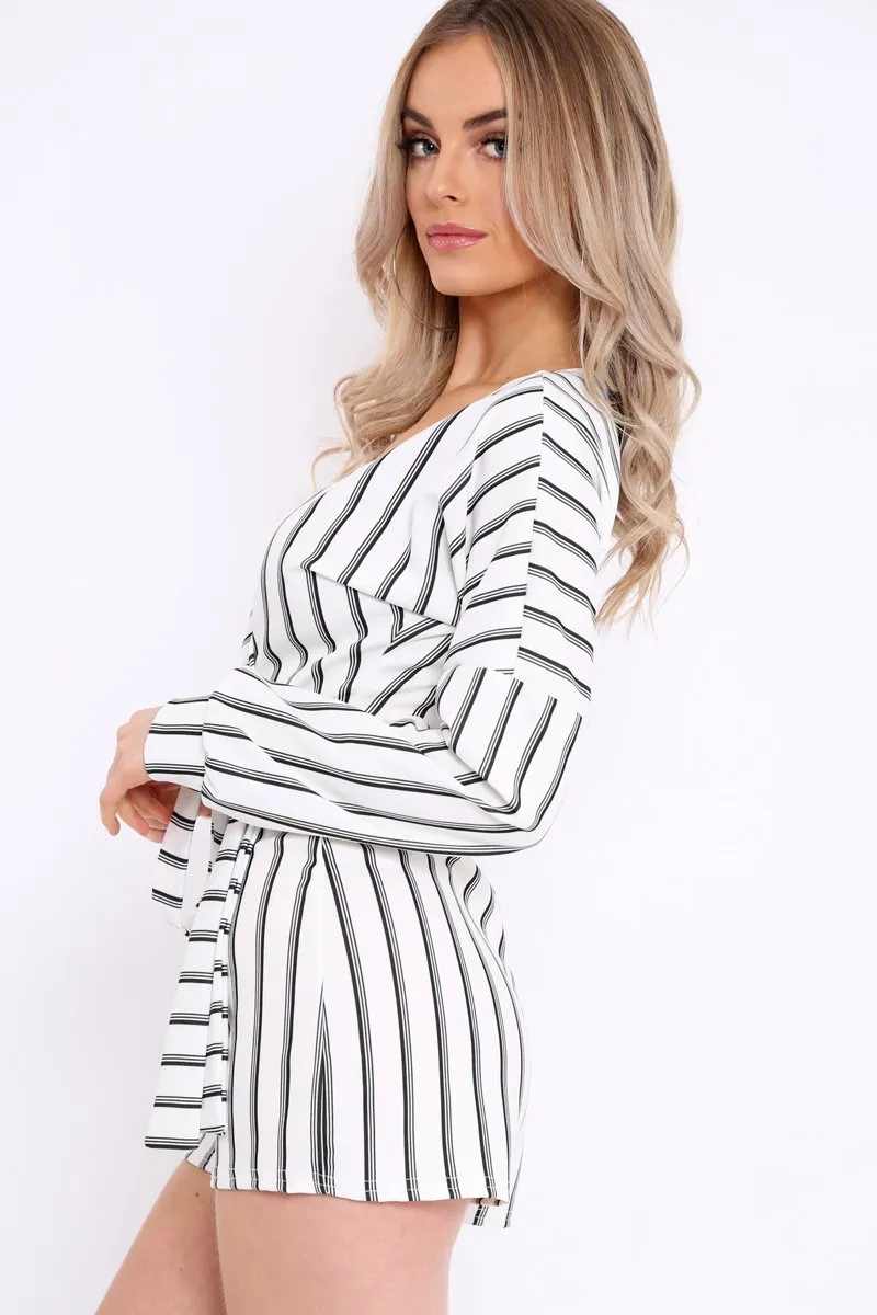 White And Black Stripe Wrap Over Playsuit - Havannah