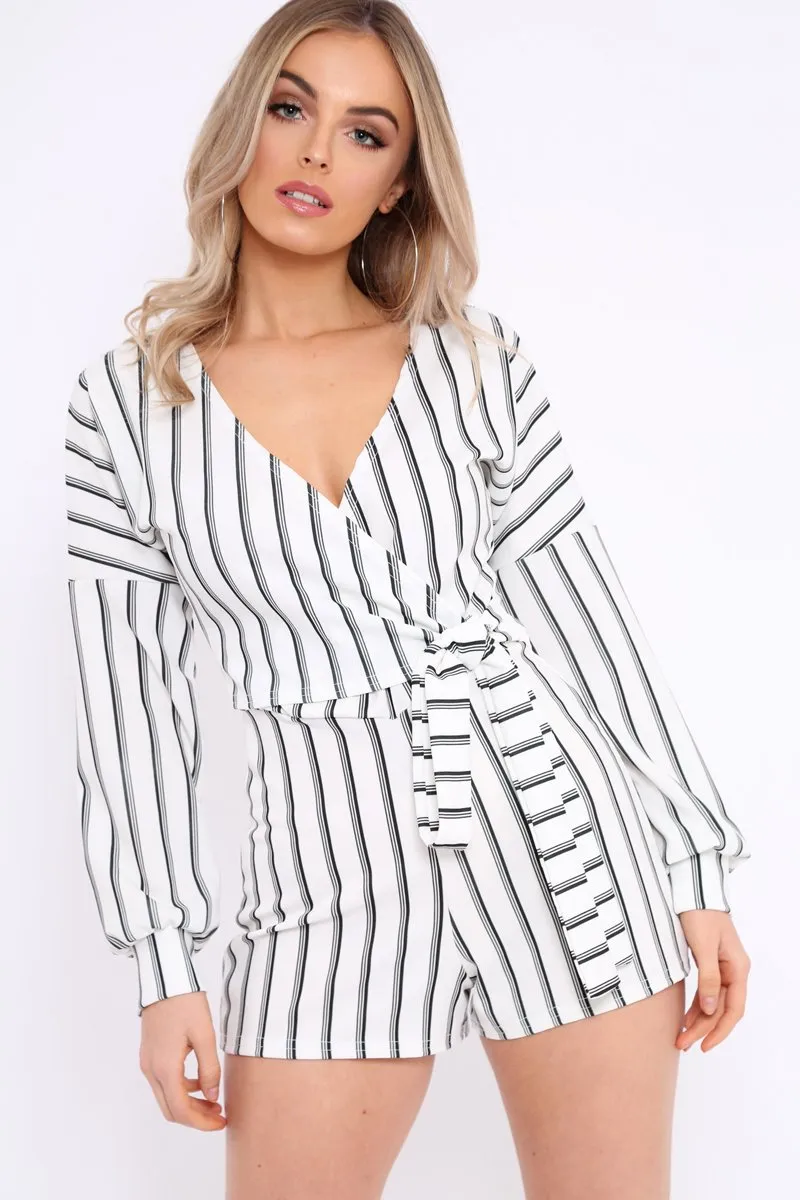 White And Black Stripe Wrap Over Playsuit - Havannah