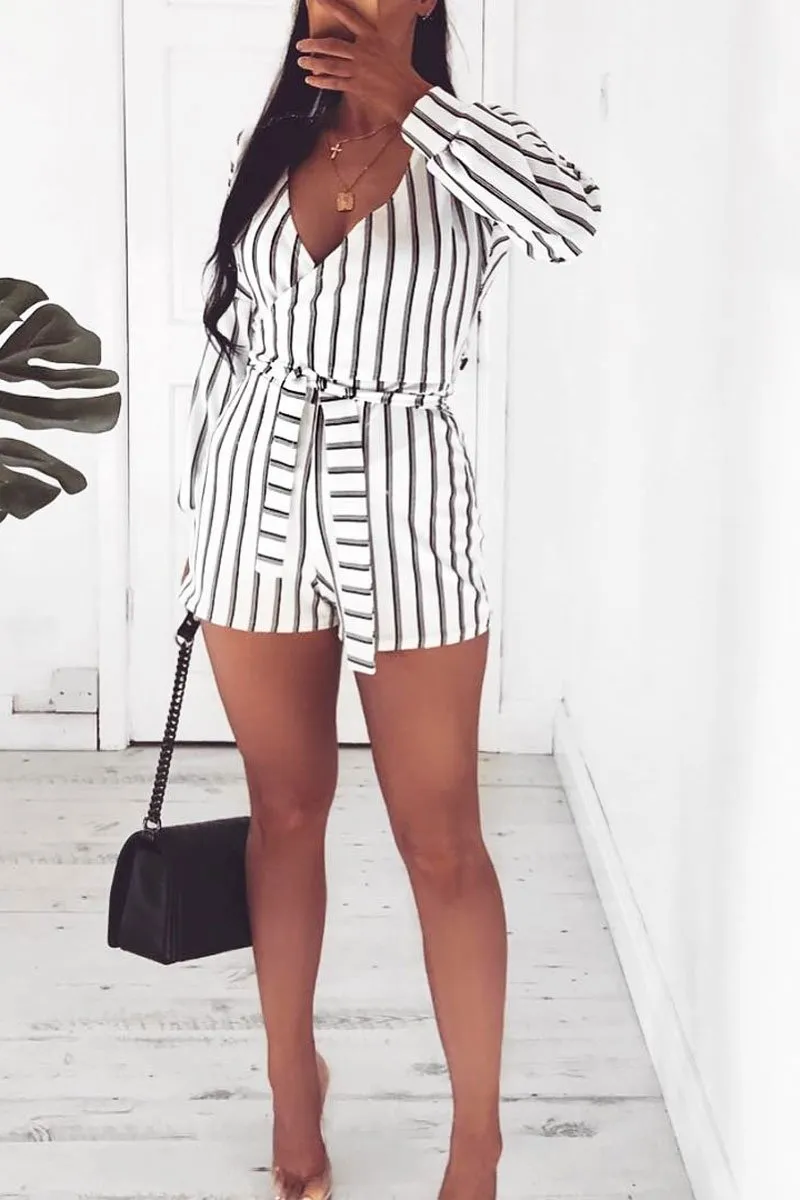 White And Black Stripe Wrap Over Playsuit - Havannah