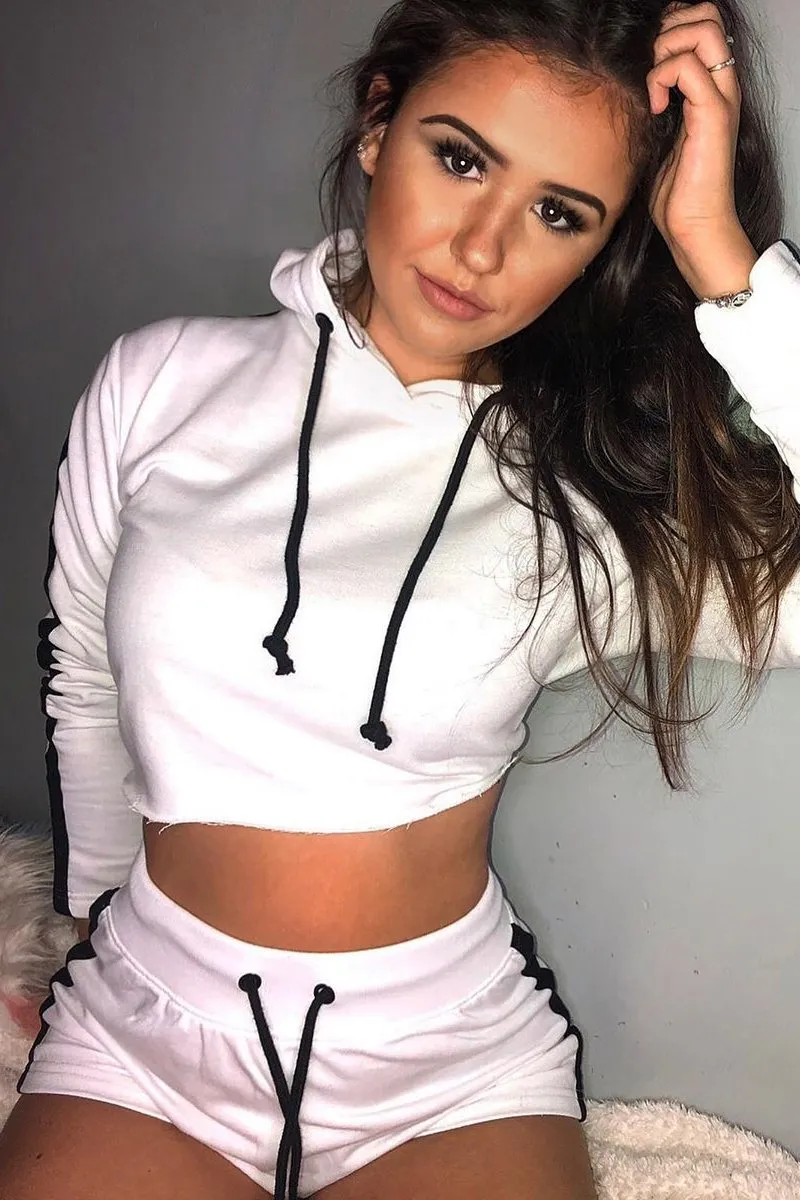 White Black Cropped Hoodie and Shorts Co-ord - Kya