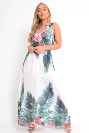 White Chiffon Leaf Print Plunge Maxi Dress - Marlin