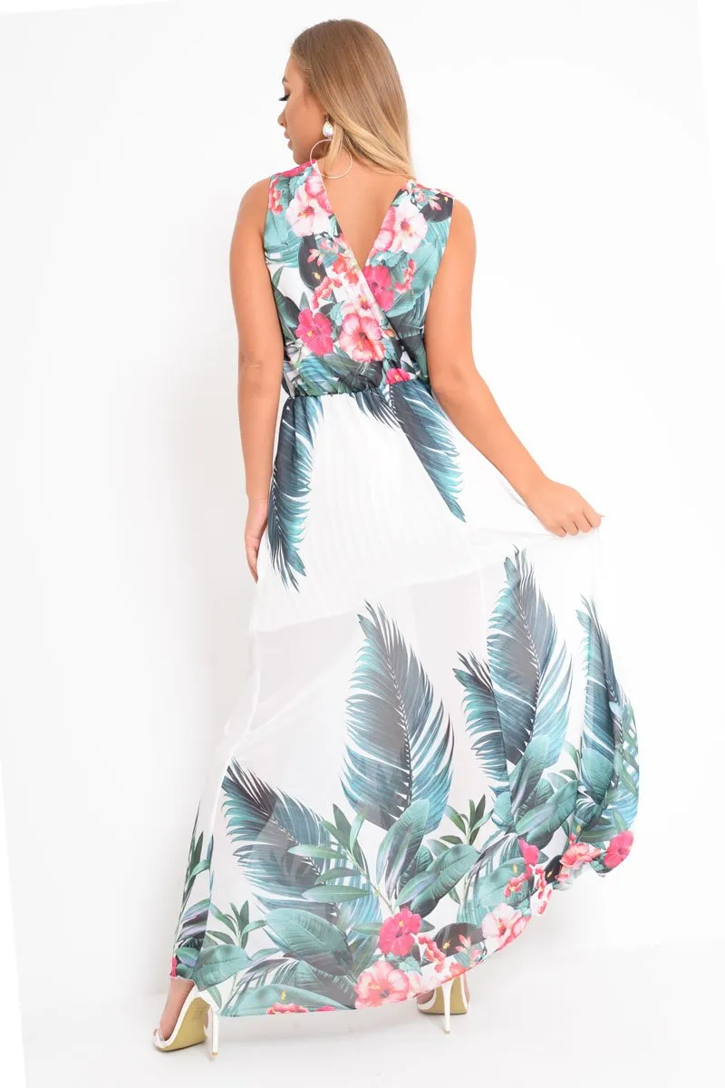 White Chiffon Leaf Print Plunge Maxi Dress - Marlin