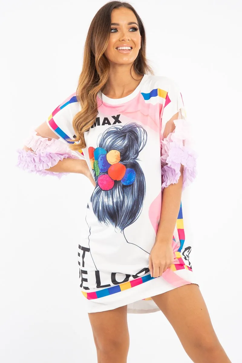 White Graphic Print T-shirt Dress with Tulle Sleeves - Kirsta