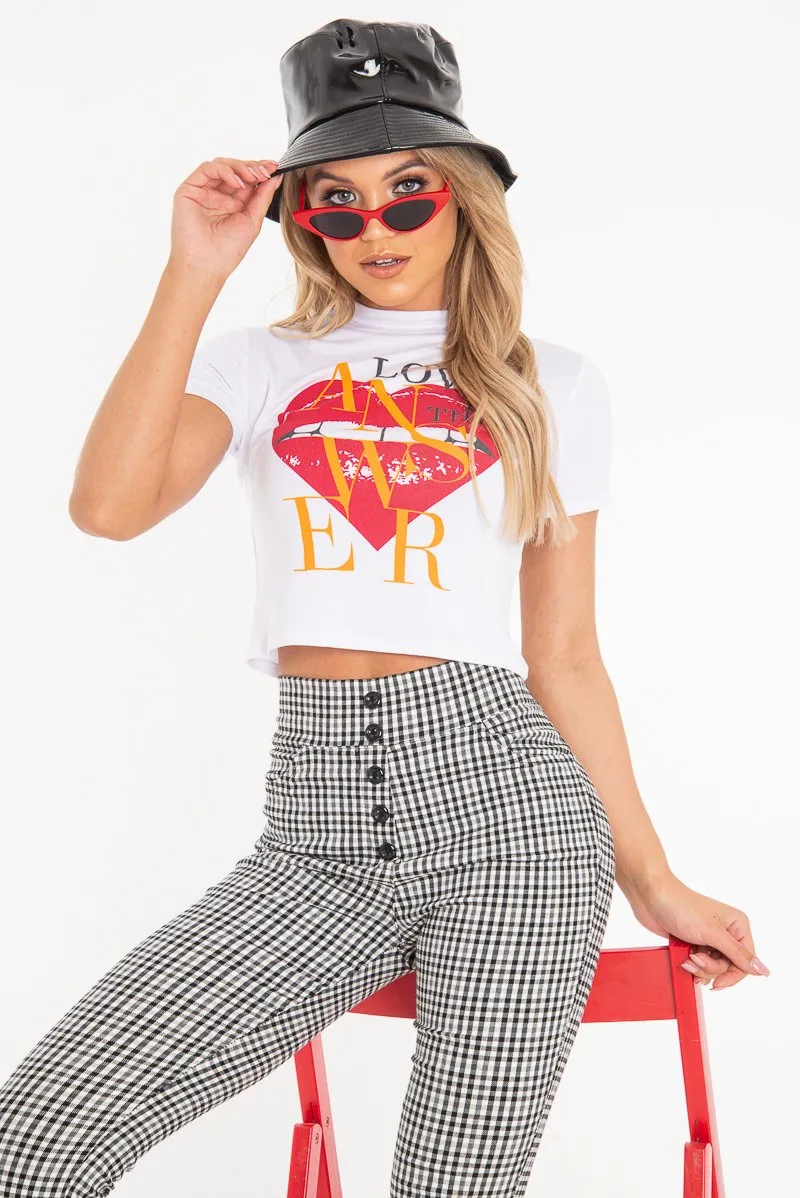 White Heart Lips Slogan Printed Crop T-Shirt - Lacey