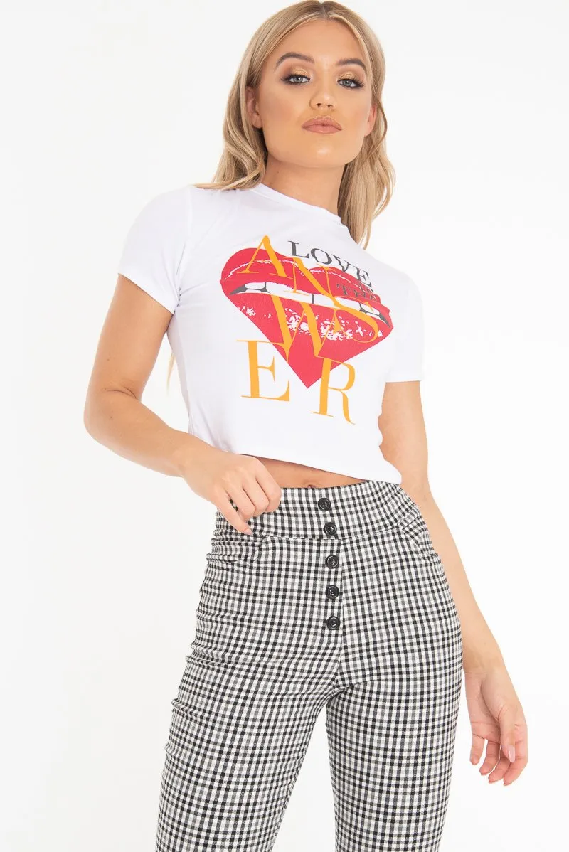 White Heart Lips Slogan Printed Crop T-Shirt - Lacey