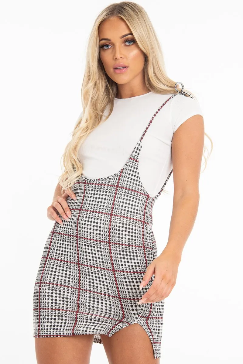 White Houndstooth T-Shirt Insert Tie Detail Dress - Saffy