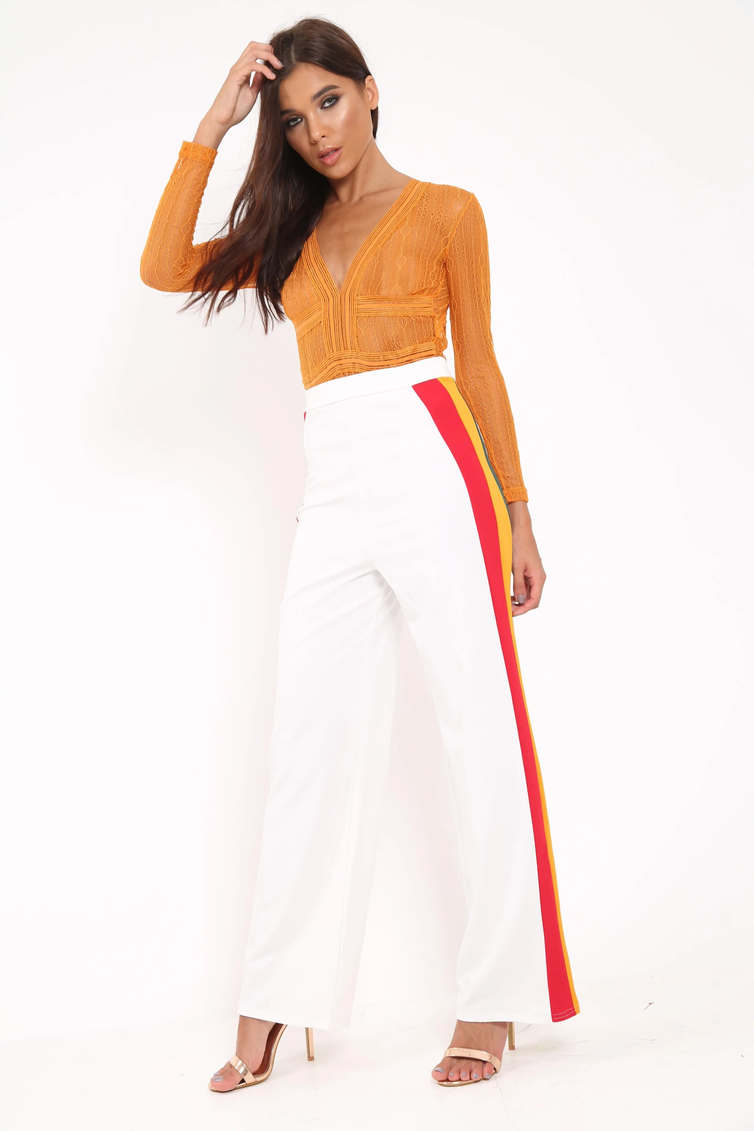 White Multi Side Stripe High Waist Trousers - Wadie