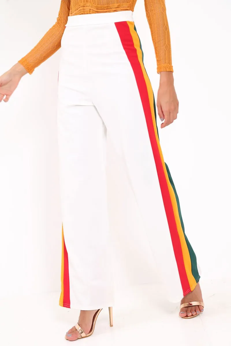 White Multi Side Stripe High Waist Trousers - Wadie