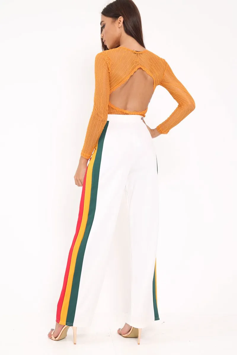 White Multi Side Stripe High Waist Trousers - Wadie