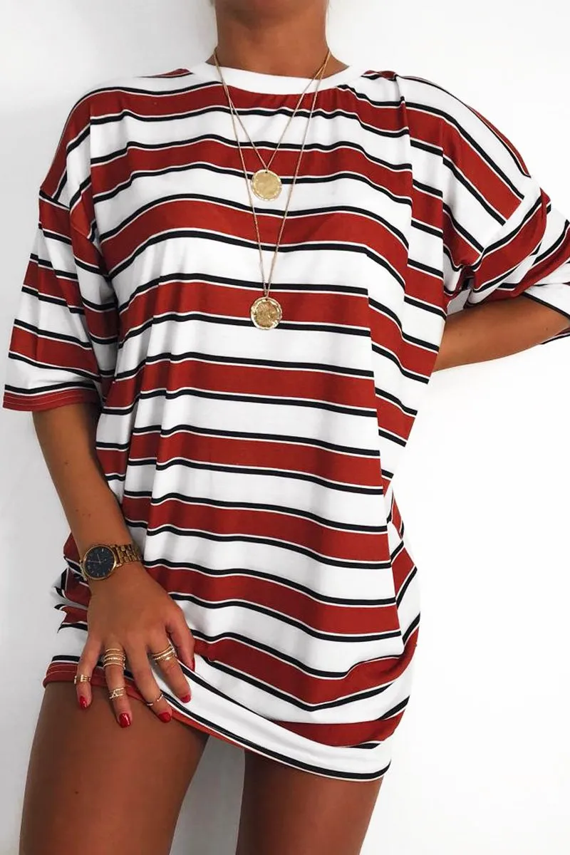 White Orange Stripe Oversized T-Shirt Dress - Rayelle