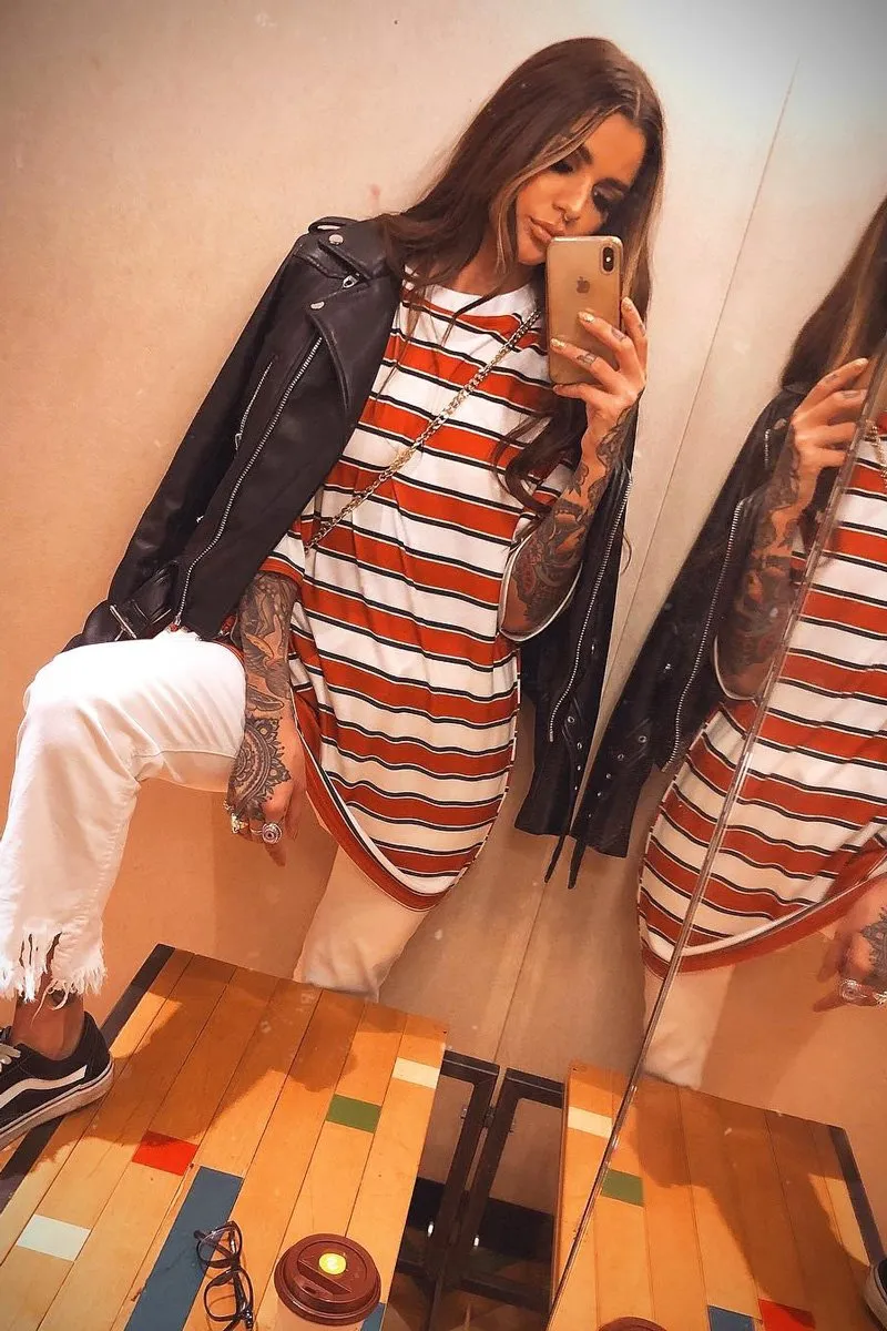 White Orange Stripe Oversized T-Shirt Dress - Rayelle