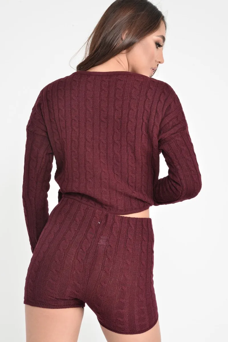 Wine Cable Knit Loungewear Set - Karlie