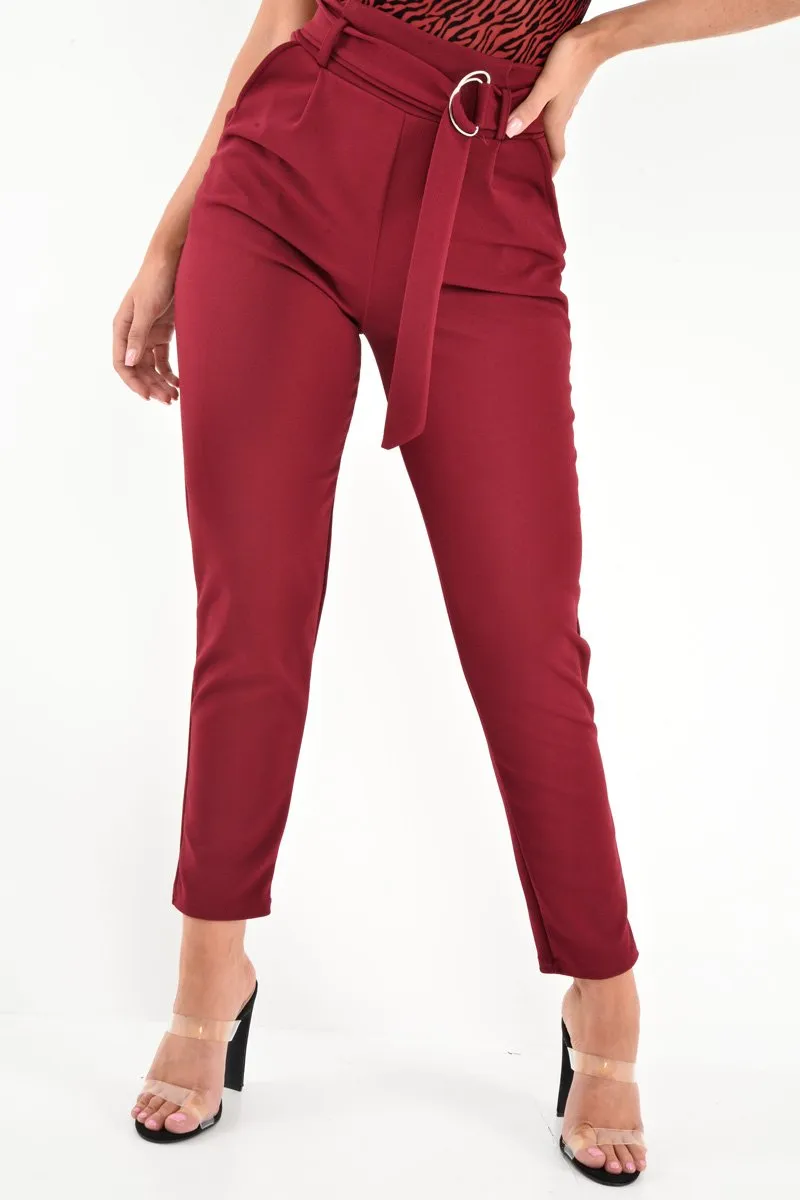 Wine Tapered Belted Cigarette Trousers - Myasia