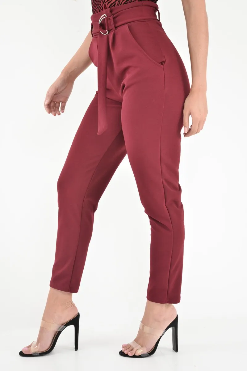 Wine Tapered Belted Cigarette Trousers - Myasia