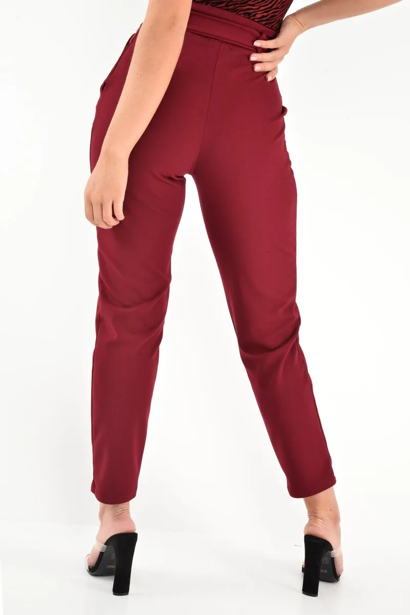 Wine Tapered Belted Cigarette Trousers - Myasia