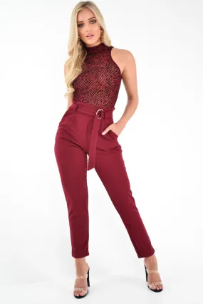 Wine Tapered Belted Cigarette Trousers - Myasia