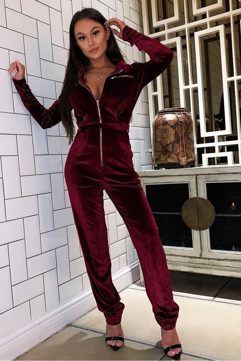 Wine Velvet Tie Front Boiler Jumpsuit - Lallie