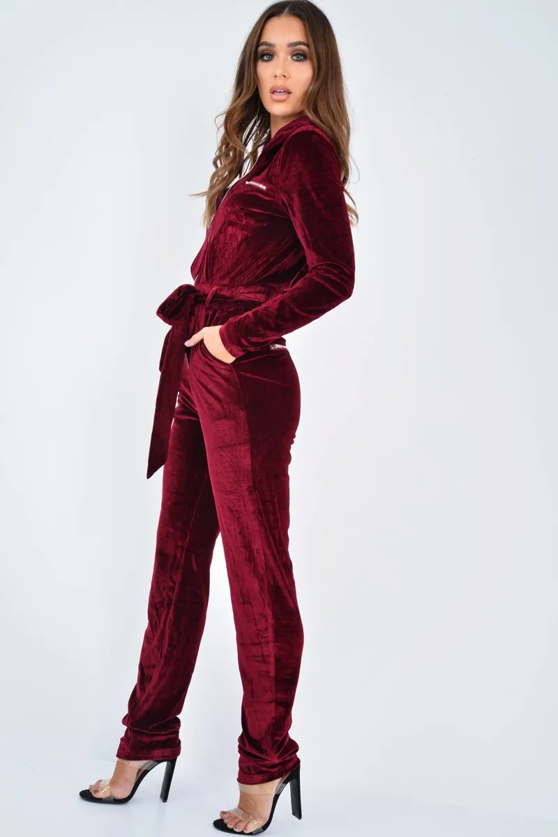 Wine Velvet Tie Front Boiler Jumpsuit - Lallie