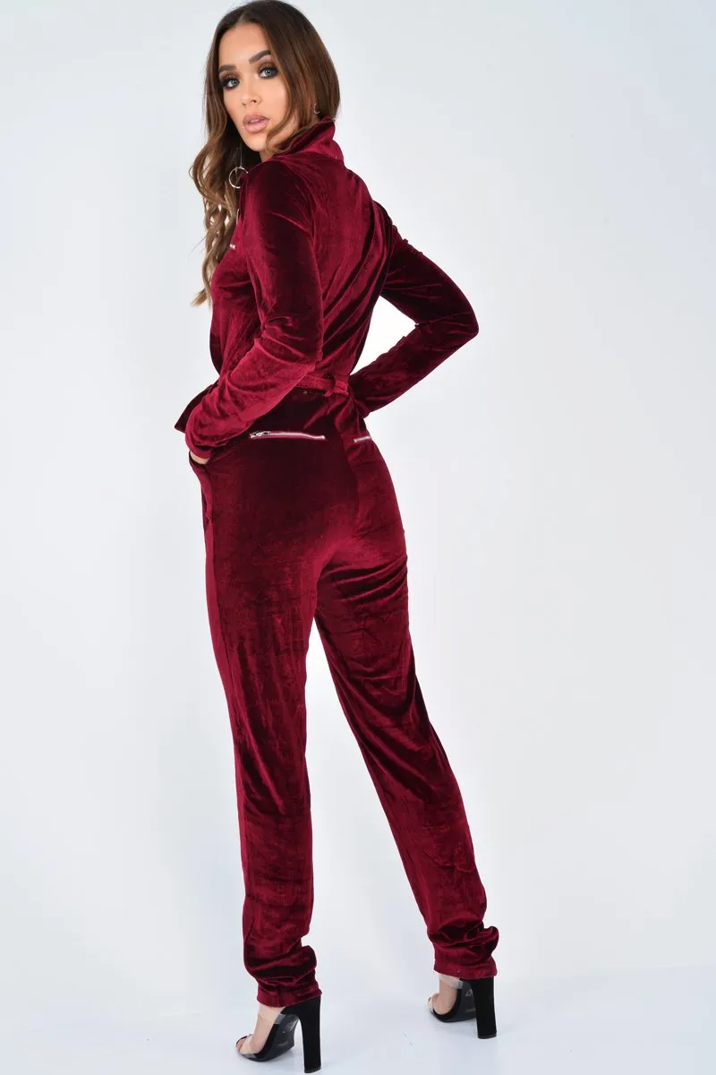 Wine Velvet Tie Front Boiler Jumpsuit - Lallie