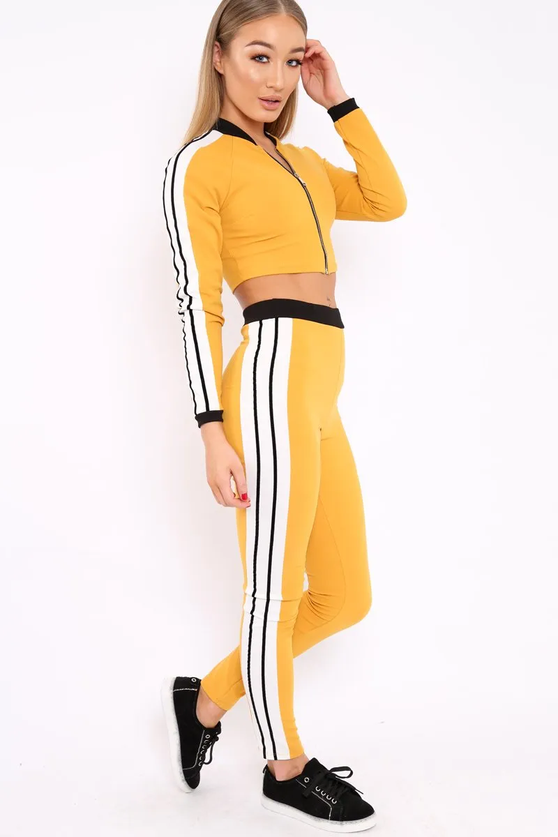 Yellow Zip Front Tracksuit with White Side Stripes - Kitty